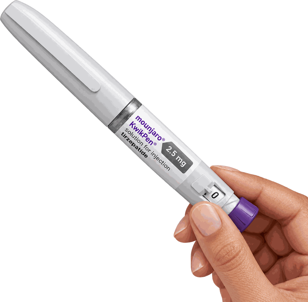 A hand holding a Mounjaro KwikPen, 2.5mg