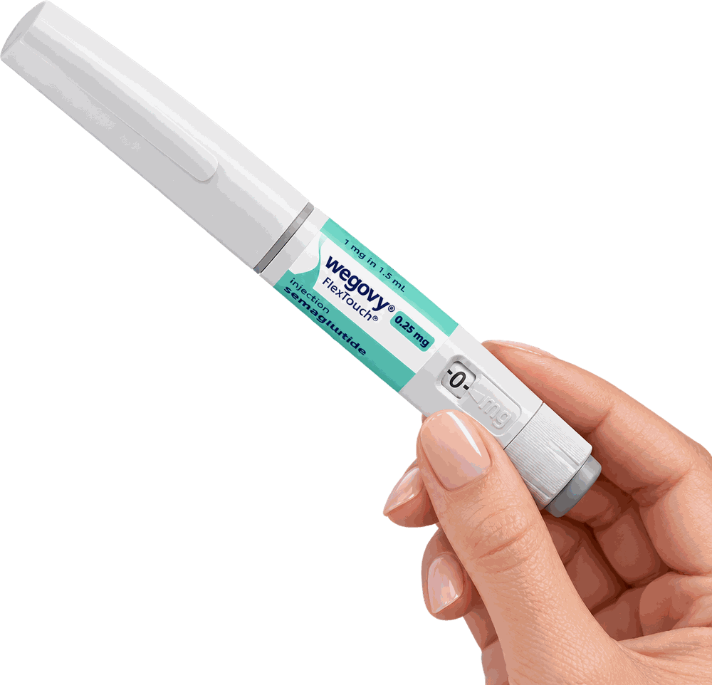 A hand holding a Wegovy FlexTouch pen, 0.25mg