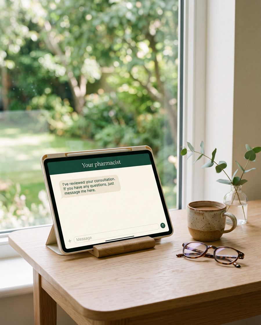 A tablet on a desk by a garden window, showing a message from your pharmacist