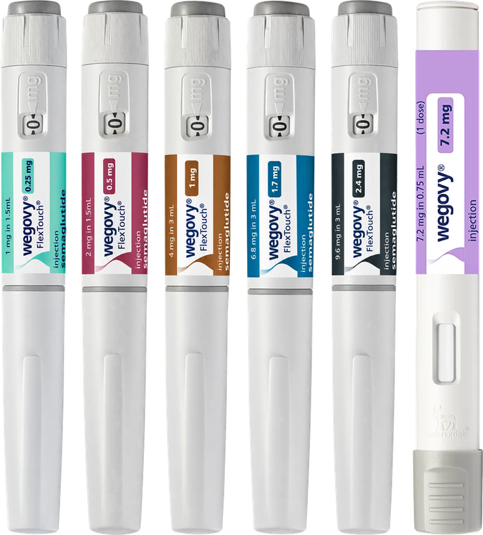 Wegovy FlexTouch pens from 0.25mg to 2.4mg, and the 7.2mg single-dose pen