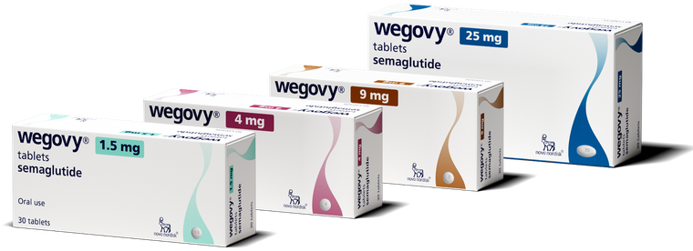 Wegovy tablets packs in all four strengths, 1.5mg to 25mg